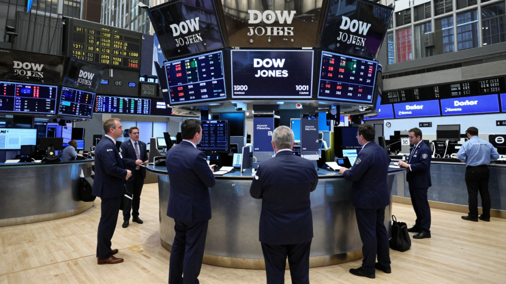 Traders on the New York Stock Exchange floor beneath screens displaying rising U.S. stock indexes.