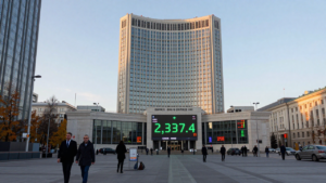 Moscow financial district at dusk with a market display indicating the MOEX Index closed higher.