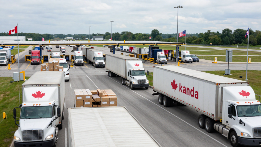 Freight trucks approach customs booths at a Canada–United States border crossing.