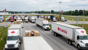 Freight trucks approach customs booths at a Canada–United States border crossing.