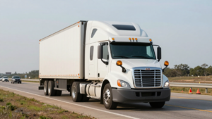 Autonomous semi-truck stopped on a highway shoulder with amber cab-mounted warning beacons.