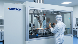 Semiconductor deposition equipment inside a cleanroom at an AIXTRON manufacturing facility.