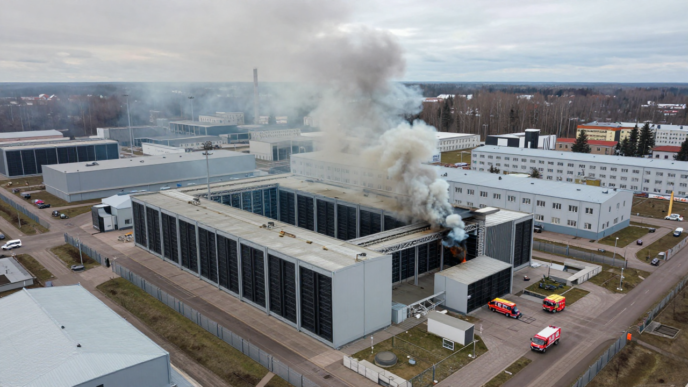 Smoke rises behind a Yandex data center in Sasovo after a drone attack.