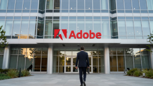 Adobe logo on a modern office building as an executive approaches the entrance.