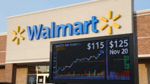 Walmart store exterior beside a market display showing $115 and $125 November option strikes.