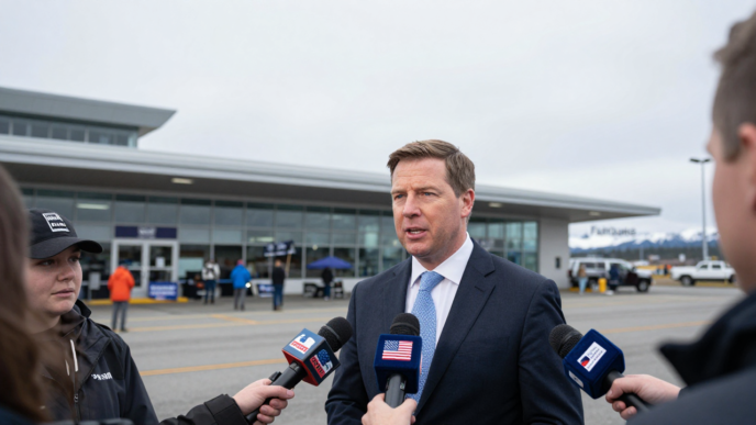 JD Vance speaks with reporters at Fairbanks International Airport in Alaska.