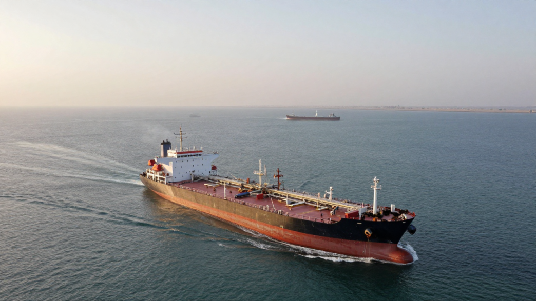 Oil tanker underway in Gulf waters near Qatar amid heightened shipping security concerns.