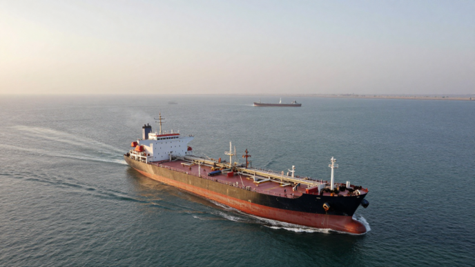 Oil tanker underway in Gulf waters near Qatar amid heightened shipping security concerns.