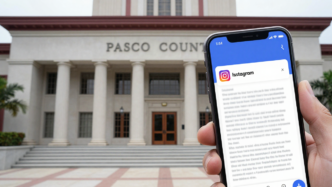 Florida courthouse beside a smartphone displaying social media apps