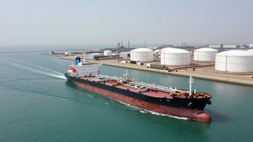 Oil tanker passing an export terminal in the Persian Gulf