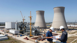 Engineers review plans at a Texas natural-gas power plant construction site with turbine equipment.