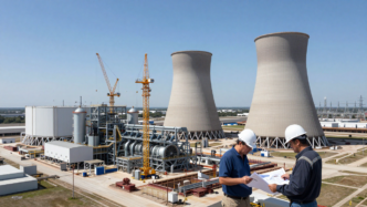 Engineers review plans at a Texas natural-gas power plant construction site with turbine equipment.