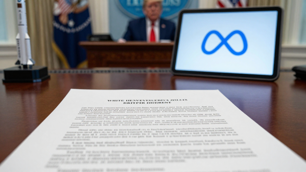 Financial disclosure papers beside Meta branding and a SpaceX rocket model