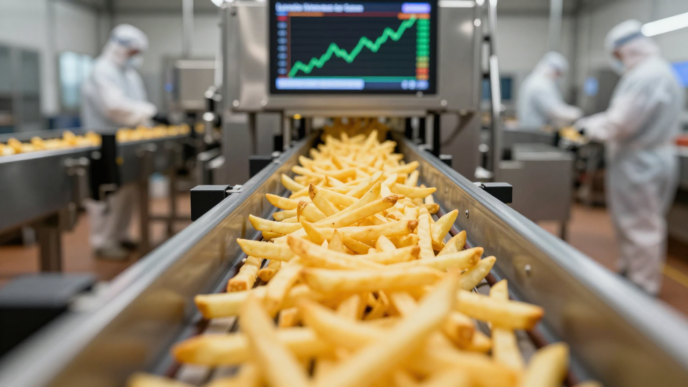 Golden fries moving along a processing line in a modern food factory