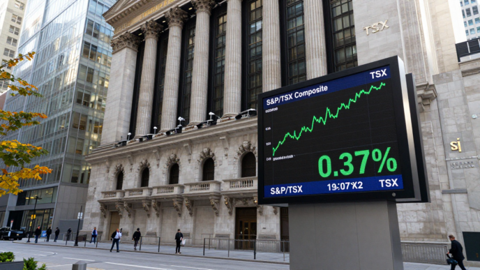 Toronto Stock Exchange exterior with a digital market display showing a modest gain.