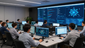Cybersecurity analysts review network and vulnerability data in an operations room.