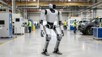 Boston Dynamics Atlas humanoid robot on an automotive factory floor