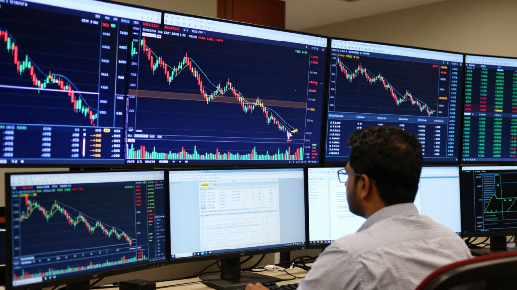 Trader studies a descending Gift Nifty chart on trading screens.