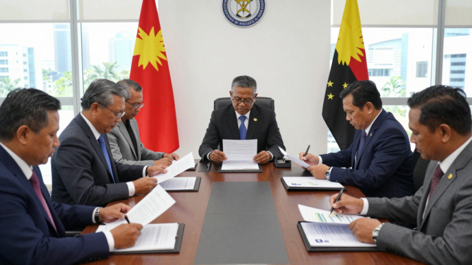 Papua New Guinea officials review economic and budget documents at a meeting in Port Moresby.