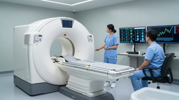 MRI scanner and clinicians reviewing medical images in a hospital procedure room