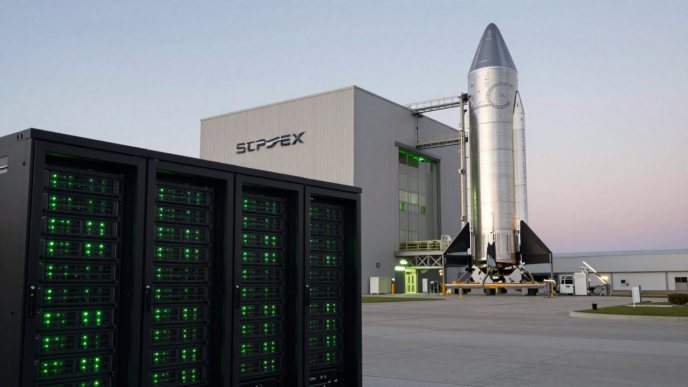 SpaceX facility and Starship beside illuminated AI data-center server racks.