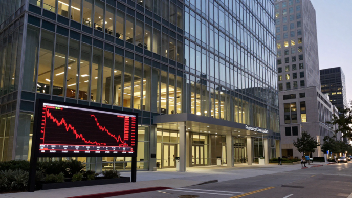 Dallas office building at dusk with a generic red downward stock chart display.