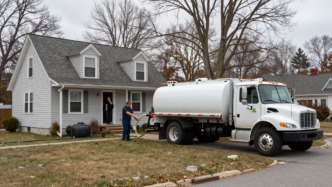 Heating oil truck delivers fuel to a New England home before winter.