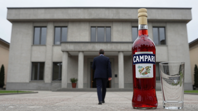 A suited figure approaches a courthouse in Monza beside a Campari bottle and glass.