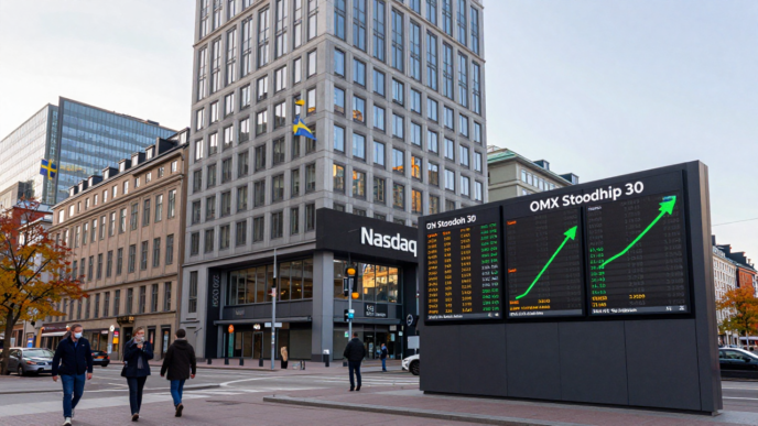 Stockholm financial district with an upward market chart displayed on an electronic board.