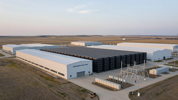 AI data center buildings and electrical infrastructure on a North Dakota prairie