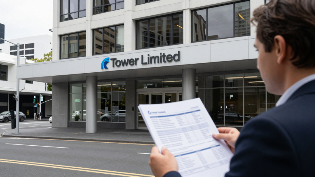 Tower Limited office building in Auckland with an investor reviewing financial papers.