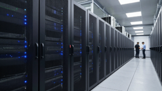 Rows of high-performance servers in a modern AI data center