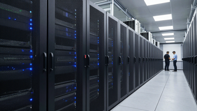 Rows of high-performance servers in a modern AI data center