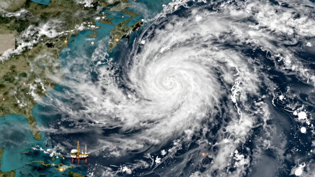 Satellite-style view of Tropical Storm Isaias over the Gulf of Mexico approaching the northern Gulf Coast.