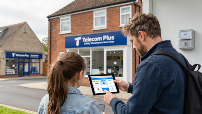 A British household reviewing utility services on a tablet, illustrating Telecom Plus’s Utility Warehouse customer growth.