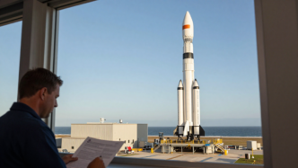 Commercial rocket on a coastal launch pad with an official reviewing documents