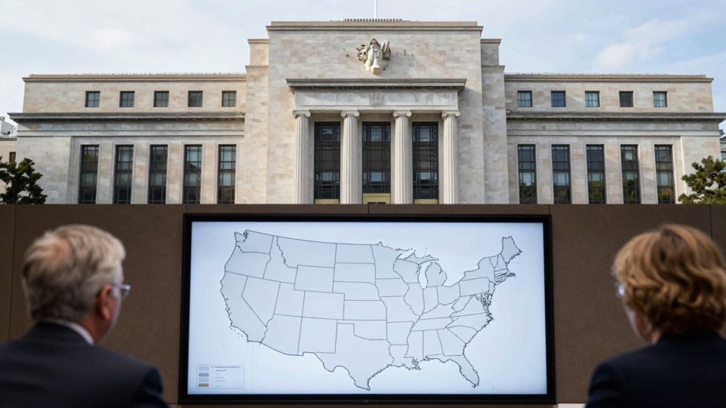 Federal Reserve building behind a briefing display showing a five-region U.S. map.