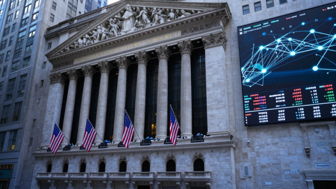 New York Stock Exchange facade with digital trading imagery suggesting tokenized stock markets.