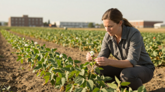 Soybean breeder examines a flowering plant in a research plot in Fargo, North Dakota.