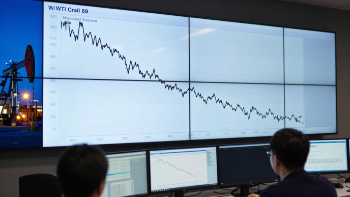 Trading screens displaying a declining WTI crude oil chart near a marked support level.