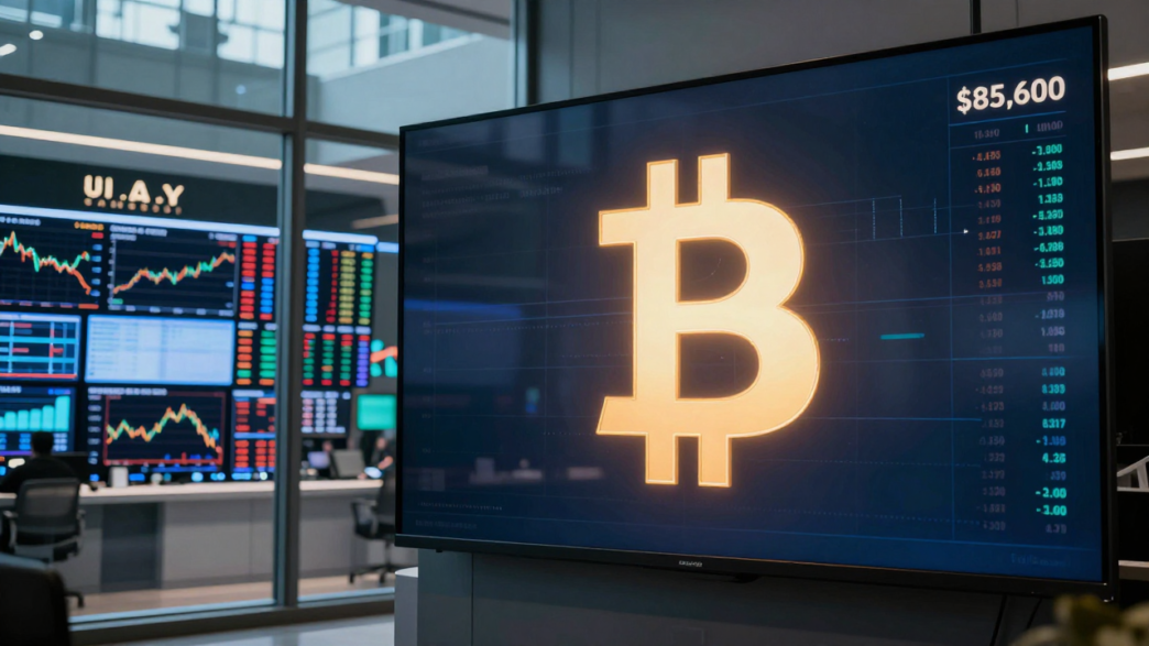 Bitcoin symbol on a trading screen beside market charts for Treasury yields and oil.