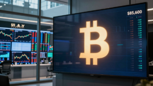 Bitcoin symbol on a trading screen beside market charts for Treasury yields and oil.