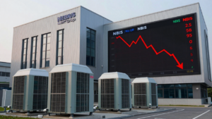 AI data center with a market display showing Nebius ticker NBIS moving lower.