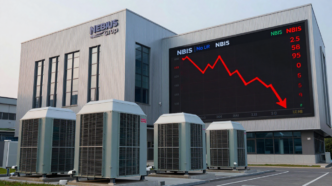 AI data center with a market display showing Nebius ticker NBIS moving lower.
