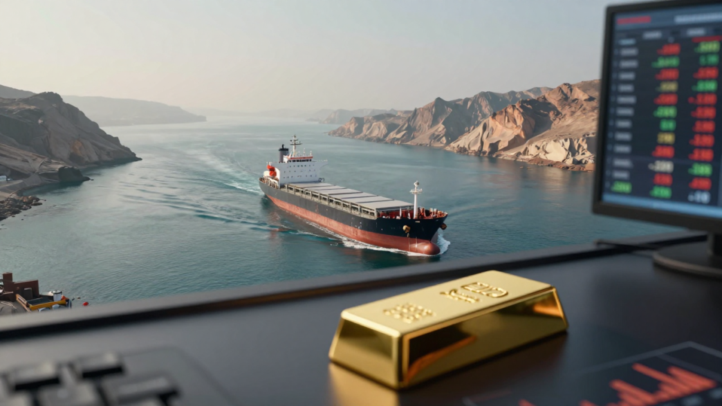 Cargo tanker crossing the Strait of Hormuz beside a gold bar and blurred market charts.