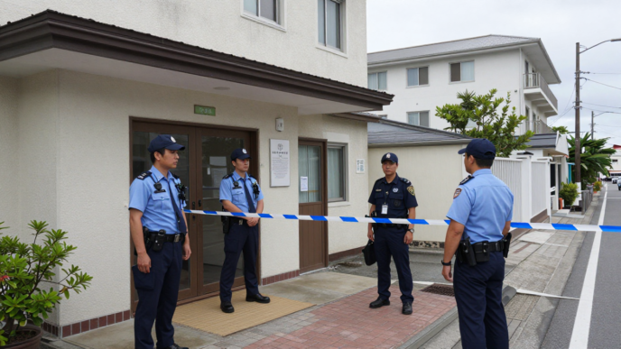 Japanese police outside a hotel in Naha, Okinawa, where a woman was found dead.