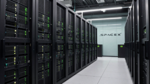 GPU server racks in a data center representing SpaceX’s reported Nvidia chip purchase financing.