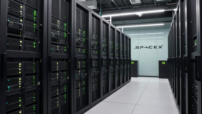 GPU server racks in a data center representing SpaceX’s reported Nvidia chip purchase financing.