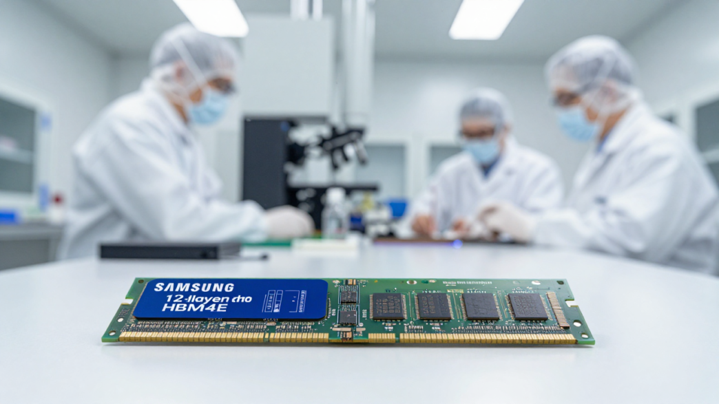 A stacked high-bandwidth memory chip and wafer displayed in a semiconductor cleanroom