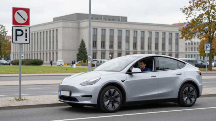 A Tesla electric car with an attentive driver on a Berlin street near a government building.